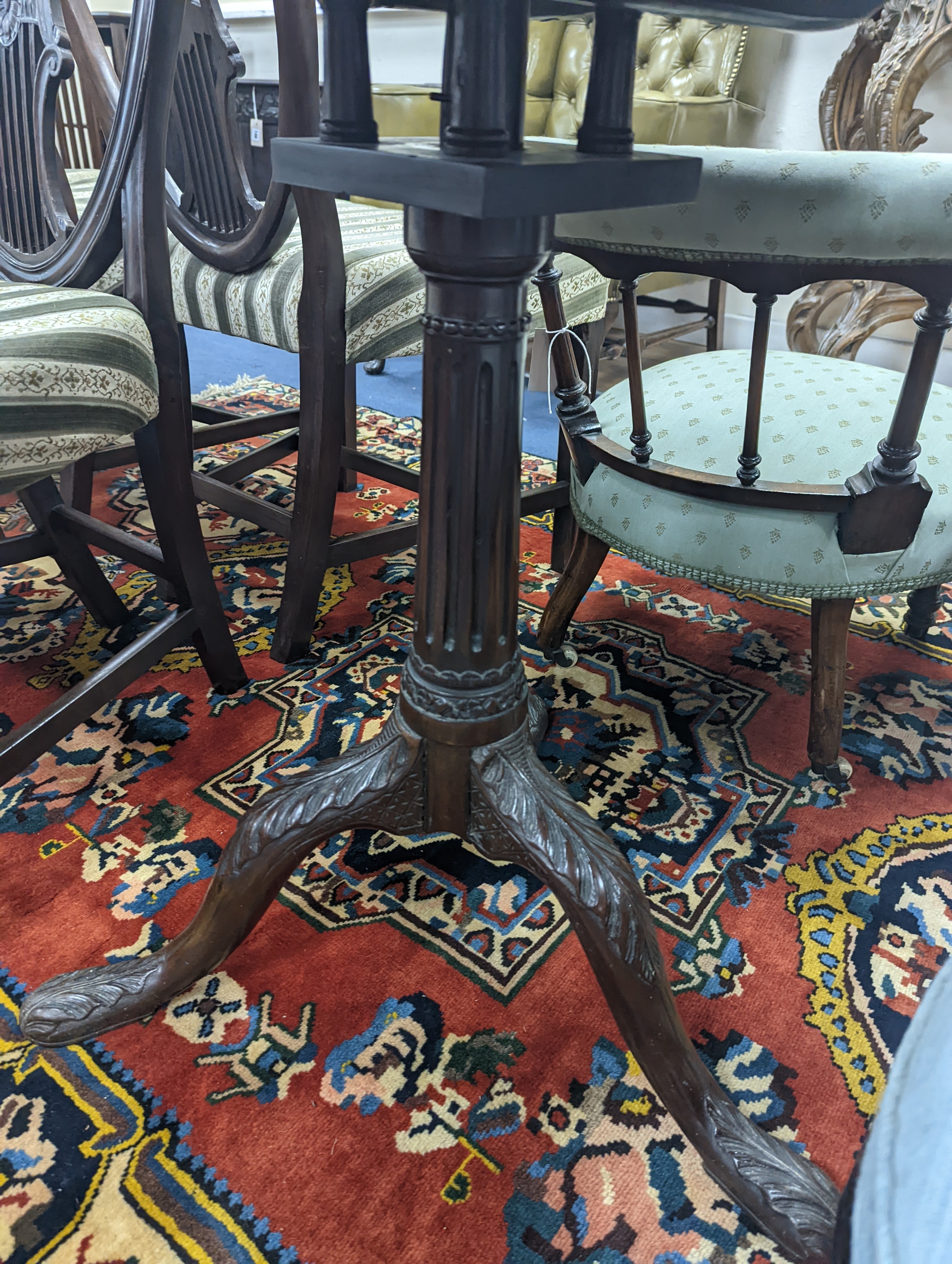 A George III and later circular mahogany tilt top birdcage tea table, diameter 69cm, height 72cm